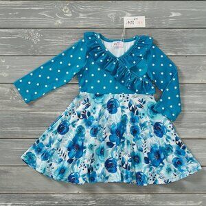 Teal Blossoms Long Sleeve Dress